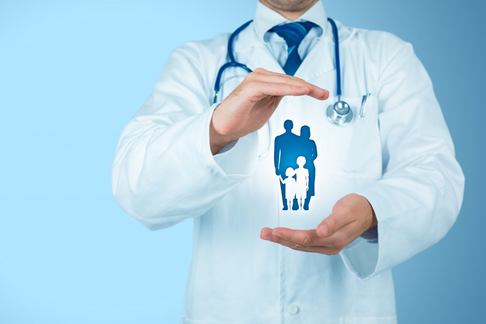 A virtual doctor holding a graphic of a family
